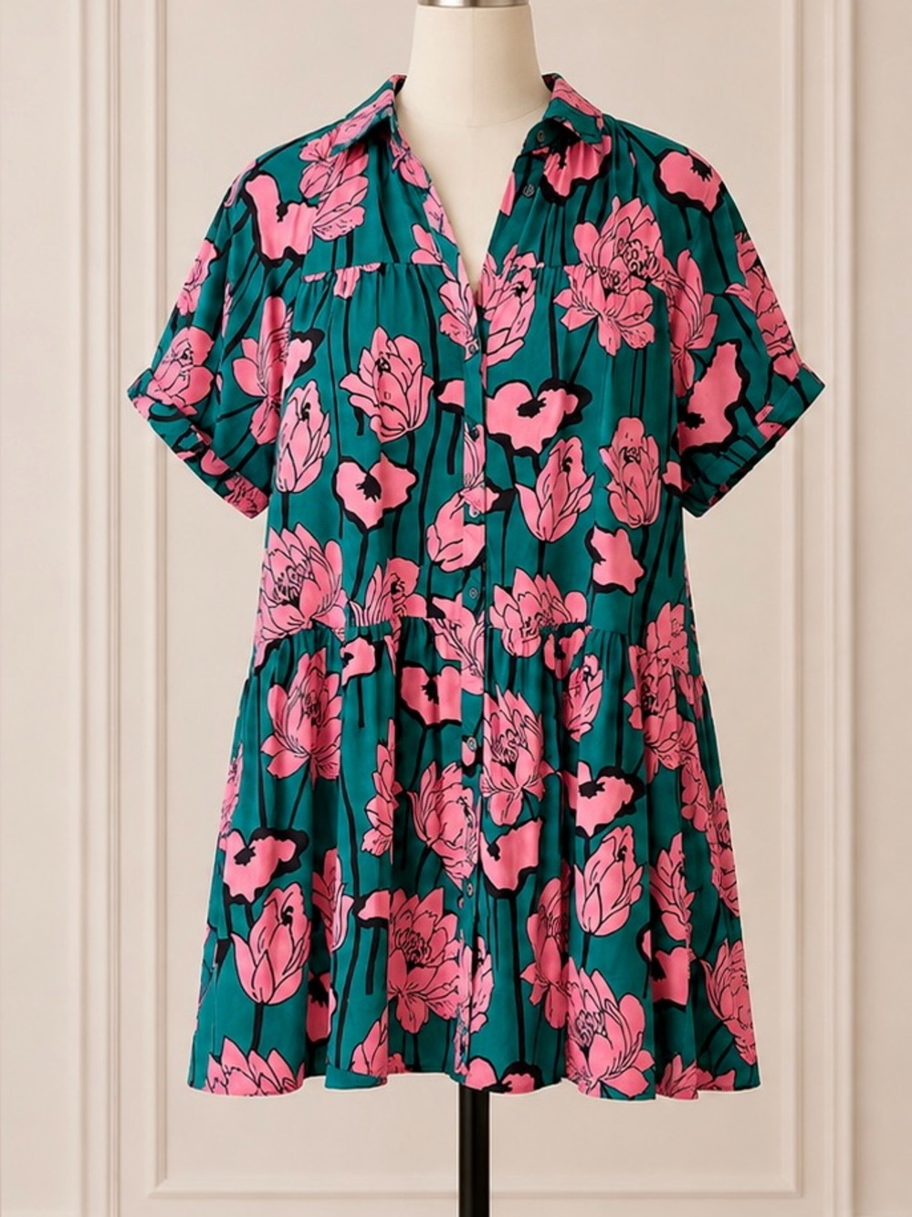 Wit & Wisdom Pink Floral Button-Front Tunic on Teal